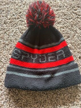 Spyder Kids Black, Red & Gray Pom-Pom Knit Beanie